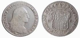 NAPOLI - FERDINANDO IV (1° p. 1759-1799) 120 GRANA 1786 -D/Testa con lunghi capelli a d. R/Stemma coronato con in alto a s. la lettera c, sotto ai lat...