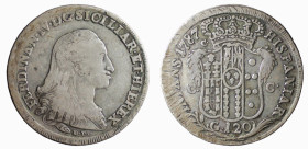 NAPOLI - FERDINANDO IV (1° p. 1759-1799) 120 GRANA 1787 -D/Testa con lunghi capelli a d. R/Stemma coronato con in alto a s. la lettera c, sotto ai lat...