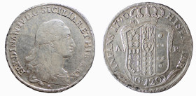 NAPOLI - FERDINANDO IV (1° p. 1759-1799) 120 GRANA 1790 -D/Testa con lunghi capelli a d. R/Stemma coronato con in alto a s. la lettera M, sotto ai lat...