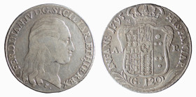 NAPOLI - FERDINANDO IV (1° p. 1759-1799) 120 GRANA 1795 -D/Testa con lunghi capelli a d. R/Stemma coronato con in alto a s. la lettera M, sotto ai lat...