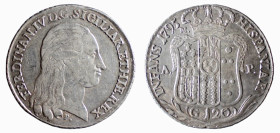 NAPOLI - FERDINANDO IV (1° p. 1759-1799) 120 GRANA 1795 -D/Testa con lunghi capelli a d. R/Stemma coronato con in alto a s. la lettera M, sotto ai lat...