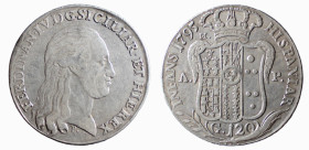 NAPOLI - FERDINANDO IV (1° p. 1759-1799) 120 GRANA 1795 -D/Testa con lunghi capelli a d. R/Stemma coronato con in alto a s. la lettera M, sotto ai lat...