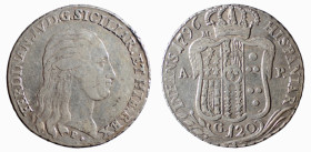 NAPOLI - FERDINANDO IV (1° p. 1759-1799) 120 GRANA 1796 -D/Testa con lunghi capelli a d. R/Stemma coronato con in alto a s. la lettera M, sotto ai lat...