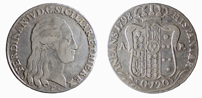 NAPOLI - FERDINANDO IV (1° p. 1759-1799) 120 GRANA 1798 -D/Testa con lunghi cape...