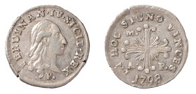 NAPOLI - FERDINANDO IV (1°p. 1759-1799) CARLINO 1798 - D/Testa con lunghi capelli a d. R/Croce con ai lati M/A=P - Ar - P&R.93 SPL