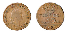 NAPOLI - FERDINANDO IV (1°p. 1759-1799) 10 TORNESI 1798 -D/Testa del Re a destra FERDINAN IV SICILIAR (due punti :).REX Sotto P. R/ Nel campo il valor...