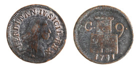 NAPOLI - FERDINANDO IV (1°p.1759-1799) 9 CAVALLI 1791 - D/Busto a d. R/Torre merlata con ai lati C.-9 Sotto la data 1791 - Ae - P&R.125 BB