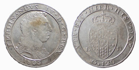 NAPOLI - FERDINANDO IV (2p.° 1799-1805) 120 GRANA 1805 - D/Entro cerchio il busto del Re con lunghi capelli ricci a d. FERDINANDVS IV D•G• REX 1805 R/...