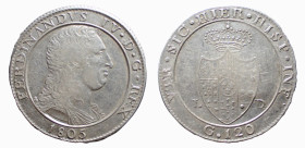 NAPOLI - FERDINANDO IV (2p.° 1799-1805) 120 GRANA 1805 - D/Entro cerchio il busto del Re con lunghi capelli ricci a d. FERDINANDVS IV D•G• REX 1805 R/...