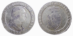 NAPOLI - FERDINANDO IV (2p.° 1799-1805) 120 GRANA 1805 - D/Entro cerchio il busto del Re con lunghi capelli ricci a d. FERDINANDVS IV D•G• REX 1805 R/...