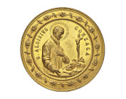 SAN LUIGI ALOISIO GONZAGA(1891) PLACCHETTA UNIFACE IN AE DORATO - II° CENTENARIO DELLA MORTE (1591-1891) - Il Santo in piedi orante a d. davanti l'alt...