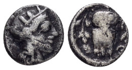 ATTICA.Athens.(449-395 BC).Hemidrachm.

Obv : Helmeted head of Athena.

Rev : Θ-E.
Owl standing facing in wreath.
SNG Copenhagen 45.

Condition : Very...