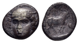 THRACE. Ainos.(Circa 400-350 BC).Diobol.

Obv : Head of Hermes facing, wearing petasos.

Rev : AINI.
Goat standing right; below head, grain.
SNG Copen...