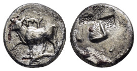 THRACE. Byzantion. (Circa 387-340 BC).Drachm.

Obv : Bull standing left on dolphin left, raising foreleg.

Rev : Granulated quadripartite incuse squar...