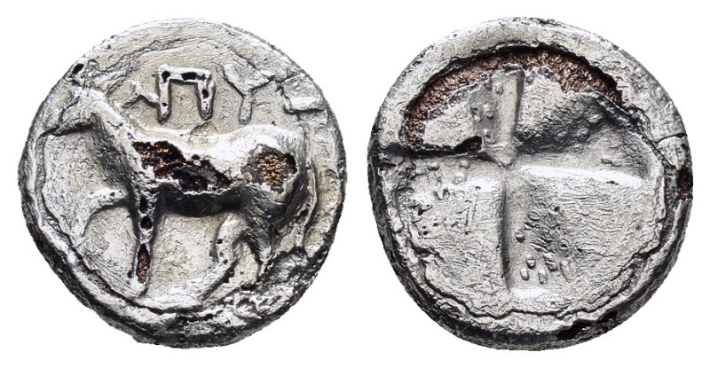 THRACE. Byzantion. (Circa 340-320 BC).1/10 Stater.Fourrée.

Obv : ΠY.
Bull st...