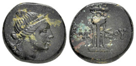 PONTUS. Amisos Time of Mithradates VI Eupator.(Circa 125-100 BC).Ae.

Obv : Bust of Artemis right, bow and quiver over shoulder.

Rev : AMIΣOY.
Tripod...