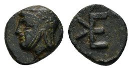 TROAS. Kebren.(Circa 412-399 BC).Ae.

Obv : Head of satrap left, wearing Persian headdress.

Rev : KE.
monogram.
SNG Aulock 1547.

Condition : Very fi...