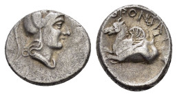 MYSIA. Adramytion. Orontes.(Satrap of Mysia, circa 357-352 BC).Half Siglos.

Obv : Helmeted head of Athena right.

Rev : OPONTA.
Forepart of pegasos l...