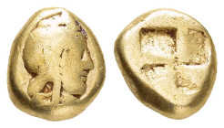 MYSIA.Kyzikos.( Circa 450-400 BC.).1/12 Stater.EL Hemihekte.

Obv : Head of Attis facing right, wearing ornamented Phrygian cap.

Rev : Quadripartite ...