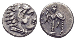 MYSIA. Pergamon. (Circa 310-282 BC). Diobol.

Obv : Head of Herakles right, wearing lion skin.

Rev : ΠΕΡΓΑMH.
Archaistic Palladion: facing statue of ...