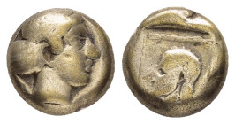 LESBOS. Mytilene.(Circa 412-378 BC).EL Hekte.

Obv : Head of Artemis-Kybele right, with hair in sakkos.

Rev : Head of Telchine left, with hair in sak...