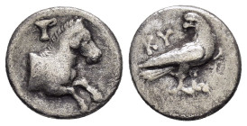 AEOLIS. Kyme.(Circa 320-250 BC). Hemidrachm.

Obv : KY.
Eagle standing right, head left.

Rev : Forepart of horse right; above, one-handled cup.
BMC 2...