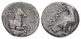 AEOLIS. Kyme.(Late 4th century BC). Hemidrachm.

Obv : ΑΛΚΑΜΕΝΗΣ.
Eagle standing right, head left.

Rev : KY.
Forepart of horse right; below, ivy leaf...