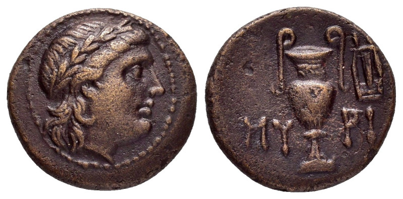 AEOLIS. Myrina.(400-200 BC).Ae.

Obv : Helmeted head of Athena right.

Rev : MYP...