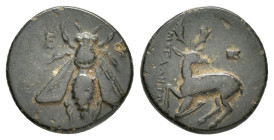 IONIA. Ephesos. (Circa 390-300 BC).Ae.

Obv : E - Φ.
Bee with straight wings.

Rev : Stag kneeling left, head right; above, astragalos; Magistrate lef...