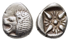 IONIA.Miletos.(Late 6th-early 5th century BC).Obol.

Obv : Forepart of lion right, head left.

Rev : Stellate pattern within incuse square.
SNG Kayhan...
