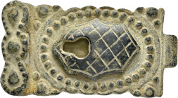 ROMAN BRONZE MILITARY BUCKLE.(1st-2nd century).Ae.

Weight : 24.6 gr
Diameter : 57 mm