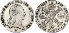 Austrian Netherlands 1 Kronentaler 1797 G
KM# 62.1, N# 23333; Silver 29.45 g.; Franz II; Nagybanya Mint; VF-XF
