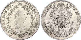 Austria 20 Kreuzer 1787 B
KM# 2069, N# 20762; Silver; Joseph II (1780-1790); mint luster; Kremnitz mint; XF