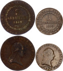 Austria 1 & 3 Kreuzer 1812 B-S
KM# 2112-2116, N# 7097-4684; Copper; Francis I of Austria (1804-1835); one coin coated with protective varnish; VF-XF
