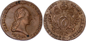 Austria 6 Kreuzer 1800 S
KM# 2128, N# 5217; Copper; Francis II; Mint Smolník; XF
