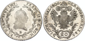 Austria 20 Kreuzer 1806 B
KM# 2140, Schön# 224, Adamo# C29, N# 7076; Silver; Franz II; Kremnitz Mint; UNC