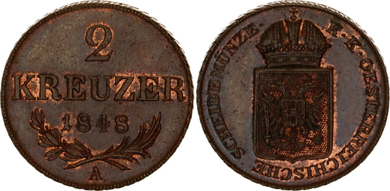 Austria 2 Kreuzer 1848 A
KM# 2188, N# 22368; Ferdinand I; AUNC, mint luster rem...