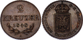 Austria 2 Kreuzer 1848 A
KM# 2188; N# 22368; Copper, Ferdinand I; Mint: Viena; UNC Toned.