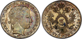Austria 3 Kreuzer 1848 A
KM# 2191, N# 20701; Silver; Ferdinand I; AUNC, Rainbow Toning