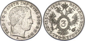 Austria 3 Kreuzer 1848 A
KM# 2191; Adamo# D2; N# 20701; Silver; Ferdinand I; Vienna Mint; UNC.