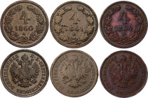 Austria 3 x 4 Kreuzer 1861 - 1864 A-B
KM# 2194, ÉH# 1479, H# 2168, 2169, Adamo# M7, N# 13819; Copper; 2 coins coated with protective varnish; VF-XF