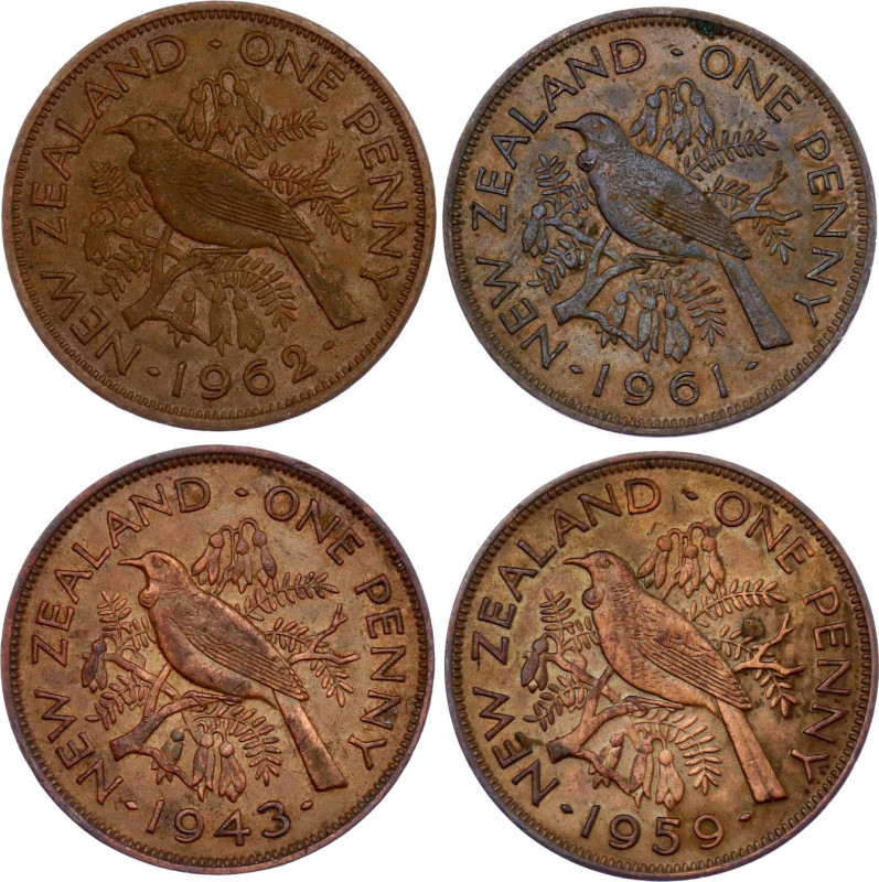 New Zealand 4 x 1 Penny 1943 - 1962
KM# 13, 24.2, N# 3918, 1591; Bronze; 4 pcs;...