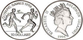 Solomon Islands 10 Dollars 1994
KM# 53, N# 53446; Silver; 1996 Olympic Games - Relay Runners; Mintage 30'000; Proof