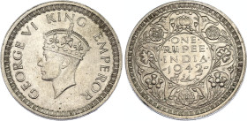 British India 1 Rupee 1942 B
KM# 557; Silver; George VI; AUNC
