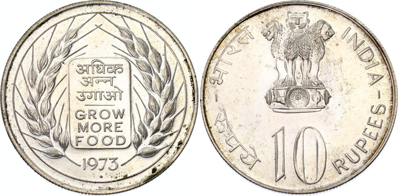 India 10 Rupees 1973
KM# 188, N# 22405; Silver; FAO - Grow More Food