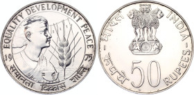 India 50 Rupees 1975
KM# 256, N# 24569; Silver; Women's Year; UNC with hairlines