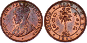 Ceylon 1/2 Cent 1926
KM# 106, N# 12114; Copper; George V; Heaton's Mint, Birmingham; UNC Toned