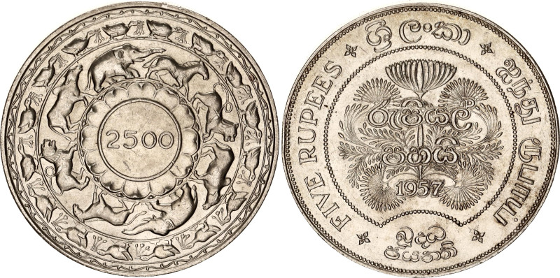 Ceylon 5 Rupees 1957
KM# 126, N# 15727; Silver; 2500th Anniversary of Buddhism;...