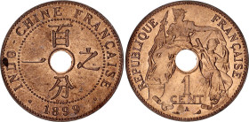 French Indochina 1 Centime 1899 A Paris
KM# 8, Lec# 54, N# 4508; Bronze; Third Republic (1870-1940); mint luster; red perfect coin; UNC