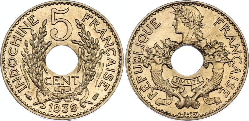 French Indochina 5 Centimes 1939
KM# 18.1a, Schön# 17a, N# 22677; Nickel-brass;...